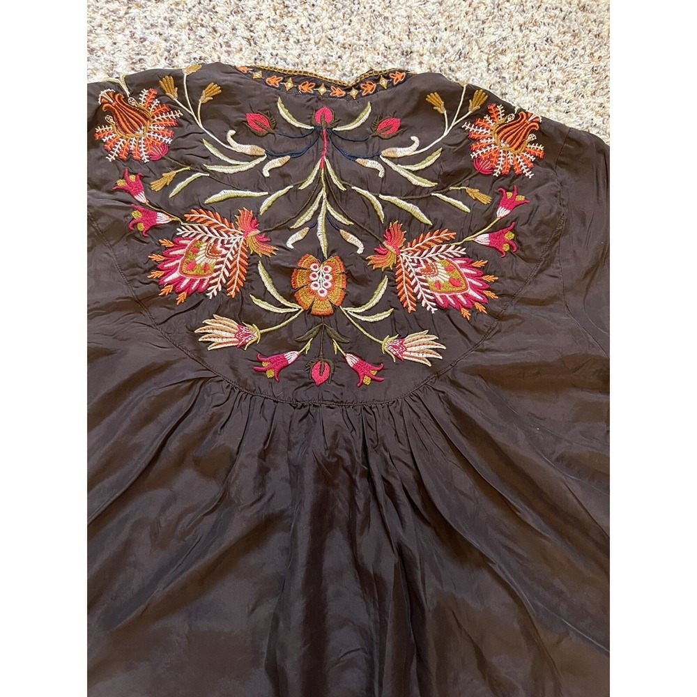 NWT Johnny Was %100 Silk XL Brown Embroidered Elastic Sleeves Tunic Blouse $305 - Picture 8 of 9